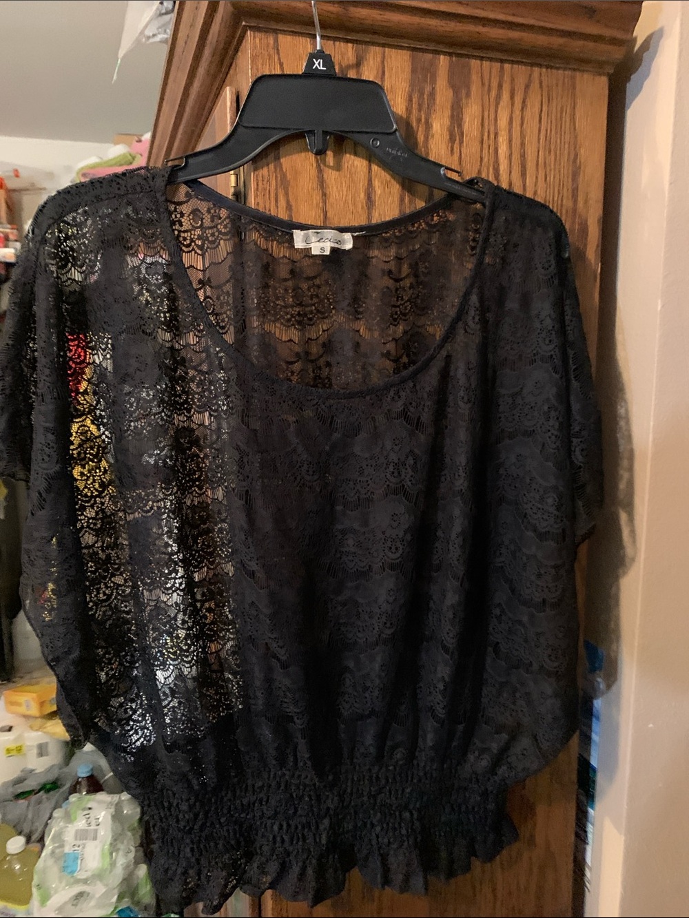 Sheer black sleeves lace peplum blouse boat neck & elastic waist. (S)